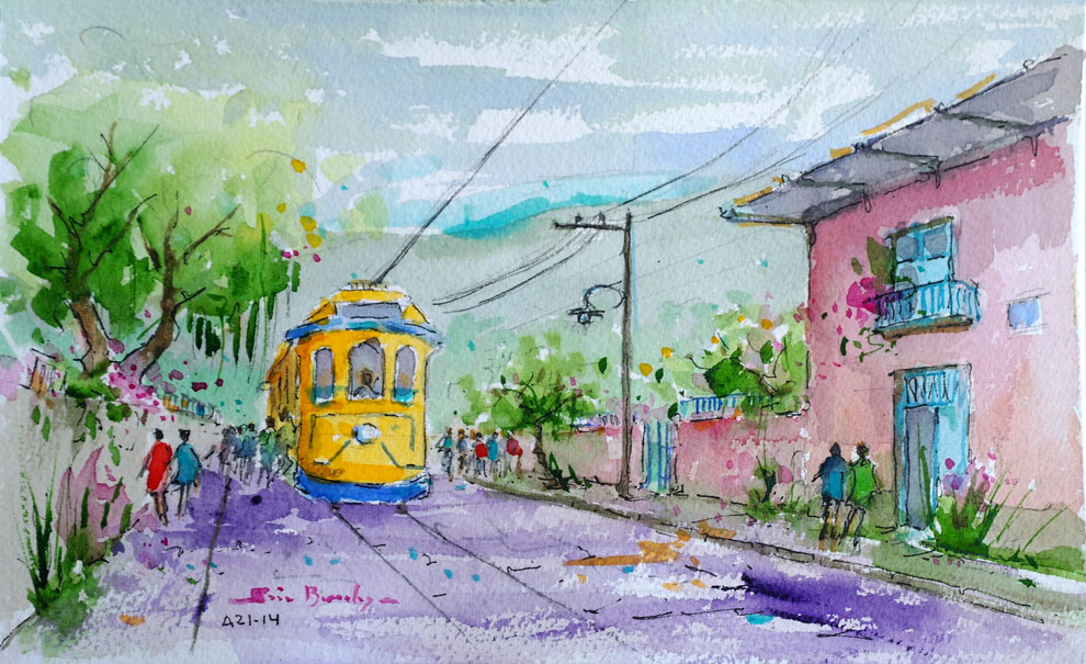 Yellow Tram on a Street in Santa Teresa